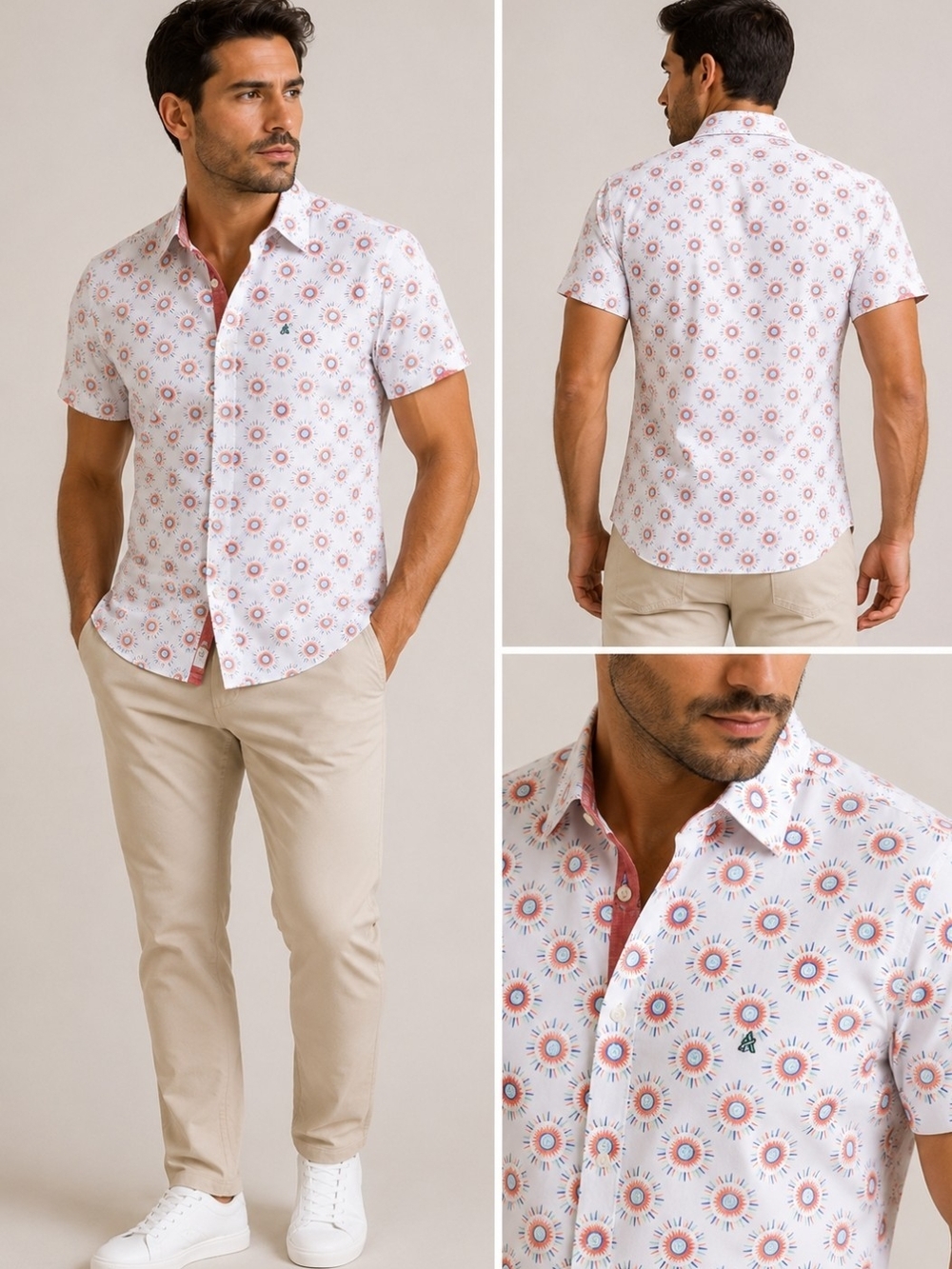 Addict, Men's Short-Sleeve White Shirt with Coral Geo Print